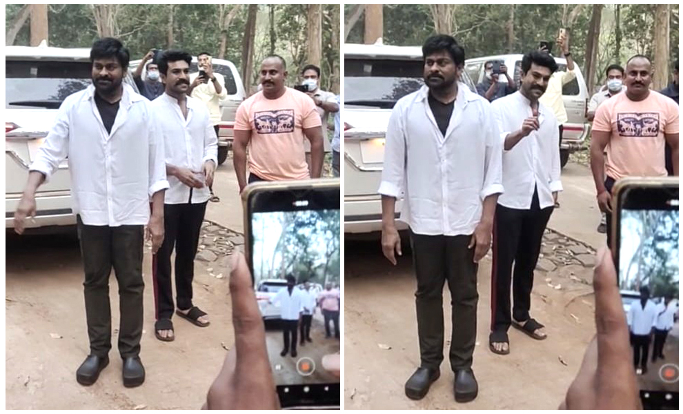 chiru with charan,chiranjeevi with ram charan,chiranjeevi ram charan in acharya movie,acharya leaked photos,acharya release date,acharya review  లీకెడ్ పిక్స్ : ఒకే ఫ్రేమ్ లో చిరు - చరణ్ 