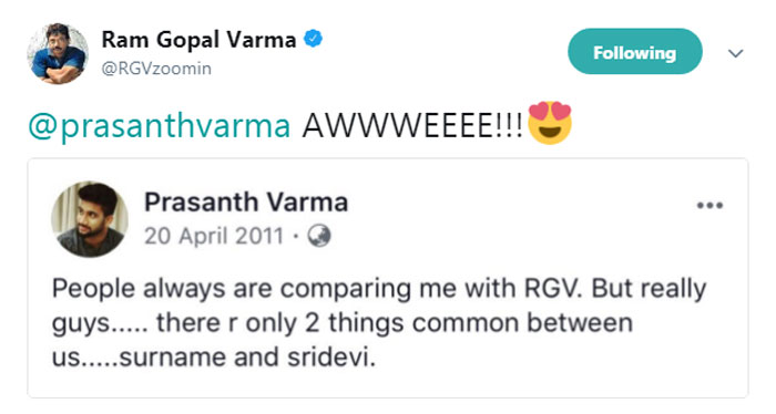prasanth varma,ram gopal varma,tweet,sridevi  సీనియర్‌ వర్మకి షాకిచ్చిన యంగ్‌ వర్మ!