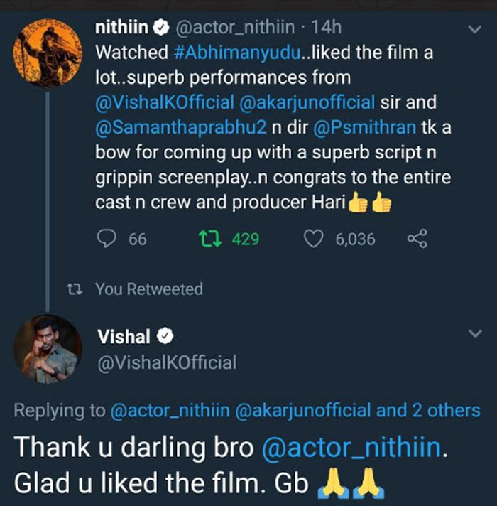 vishal,abhimanyudu,nithiin,social media  అభిమన్యుడు సూపర్‌గా ఉంది: నితిన్! 