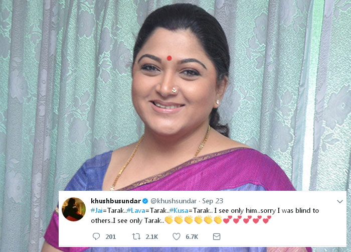 khushboo,jai lava kusa,jr ntr,khushboo tweet on jai lava kusa  ఖుష్బూ ట్వీట్ చాలు.. ఎన్టీఆర్ ఫ్యాన్స్ కి! 