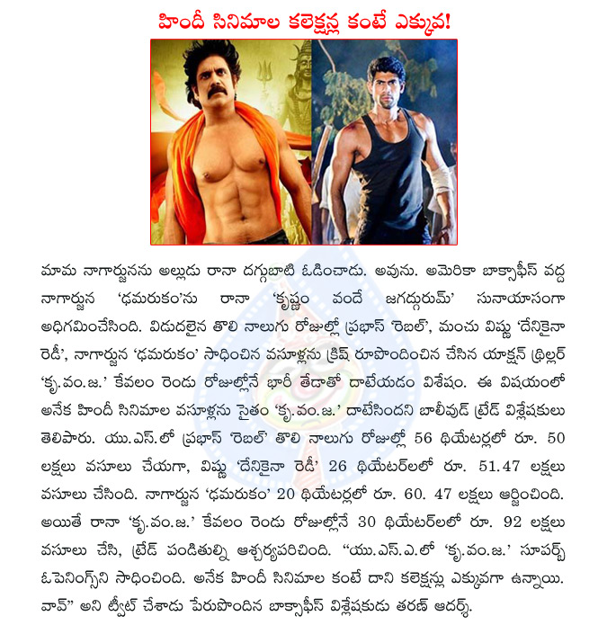 nagarjuna,rana,rana daggubati,damarukam,dhamarukam,kvj,krishnam vande jagadgurum,prabhas,rebel telugu movie,manchu vishnu denikaina ready,kvj us collections,kvj boxoffice collections  nagarjuna, rana, rana daggubati, damarukam, dhamarukam, kvj, krishnam vande jagadgurum, prabhas, rebel telugu movie, manchu vishnu denikaina ready, kvj us collections, kvj boxoffice collections