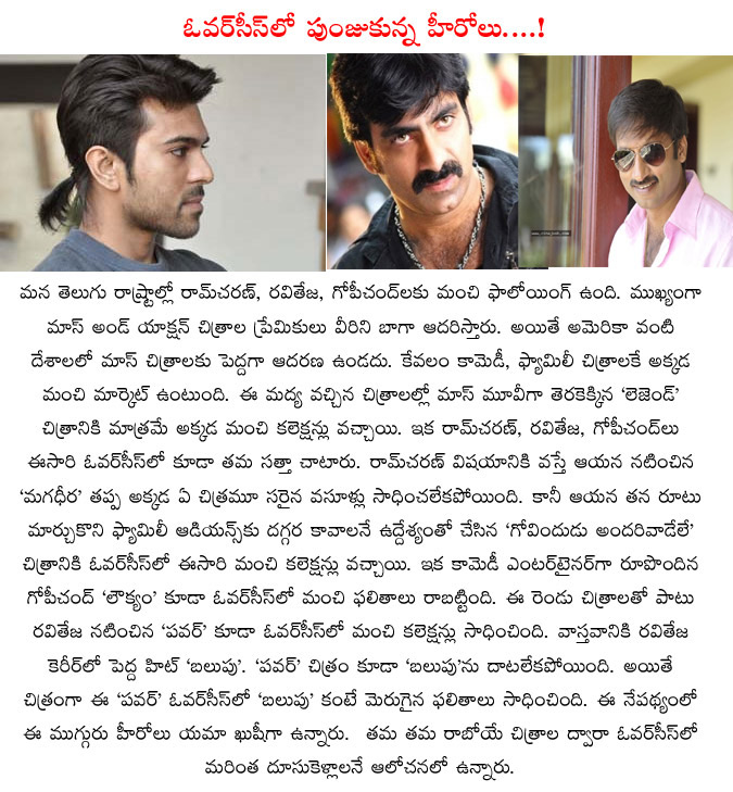 overseas,tollywood heroes,ram charan,govindhudu andarivadele,good market,loukyam,gopichand,power,raviteja  overseas, tollywood heroes, ram charan, govindhudu andarivadele, good market, loukyam, gopichand, power, raviteja