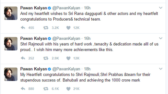 pawan kalyan,baahubali the conclusion,ss rajamouli,pawan kalyan praises baahubali 2,baahubali 2,prabhas  పవన్ ఎంత గౌరవంగా ప్రశంసించాడో...!