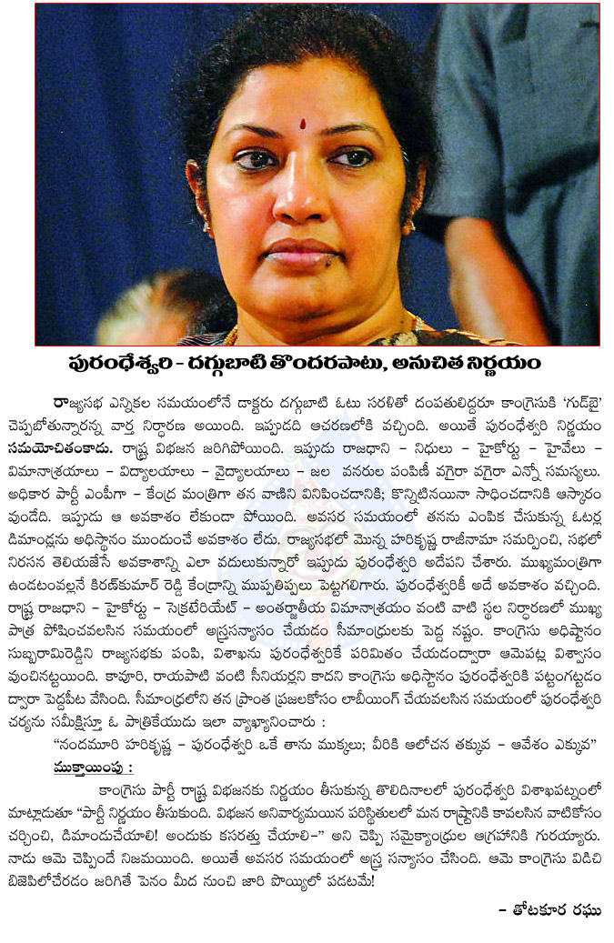 purandeswari,purandeswari minister,purandeswari resigns,ap bifurcation,telangana bill,purandeswari resigns in wrong time,purandeswari daggubati,thotakura raghu artical on purandeswari  purandeswari, purandeswari minister, purandeswari resigns, ap bifurcation, telangana bill, purandeswari resigns in wrong time, purandeswari daggubati, thotakura raghu artical on purandeswari