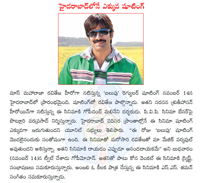 ravitaja,balupu,raviteja balupu,balupu regular shoot,shruti hassan,raviteja with shruti hassan,gopichand malineni,pvp cinema,kona venkat,gopi mohan,anjali  ravitaja, balupu, raviteja balupu, balupu regular shoot, shruti hassan, raviteja with shruti hassan, gopichand malineni, pvp cinema, kona venkat, gopi mohan, anjali