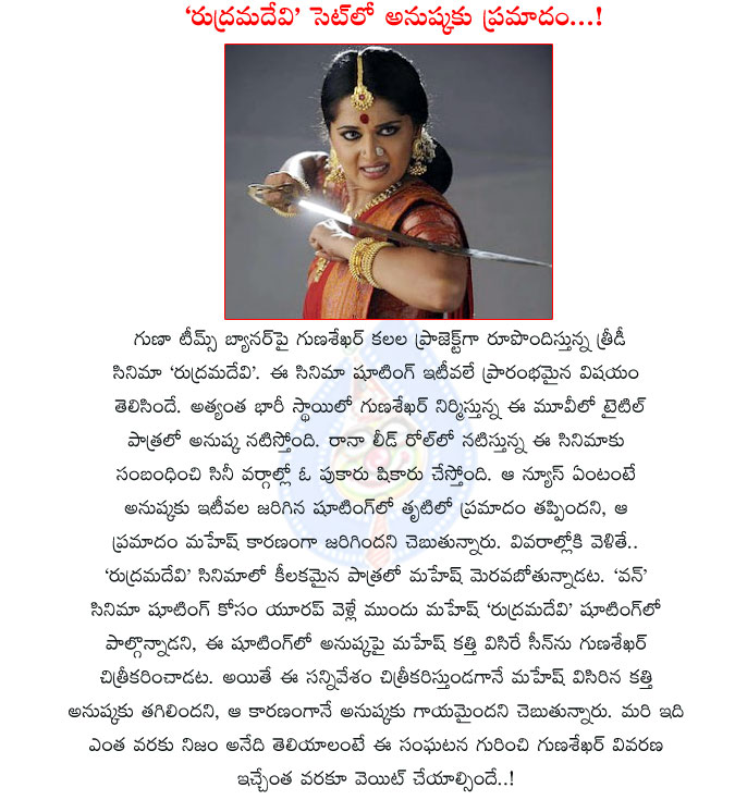 rudramadevi,anushka,anushka injured at rudhramadevi shooting spot,mahesh with anushka,fighting between anushka and mahesh,reason for anushka injury,rudramadevi movie,rudramadevi movie shooting details  rudramadevi, anushka, anushka injured at rudhramadevi shooting spot, mahesh with anushka, fighting between anushka and mahesh, reason for anushka injury, rudramadevi movie, rudramadevi movie shooting details