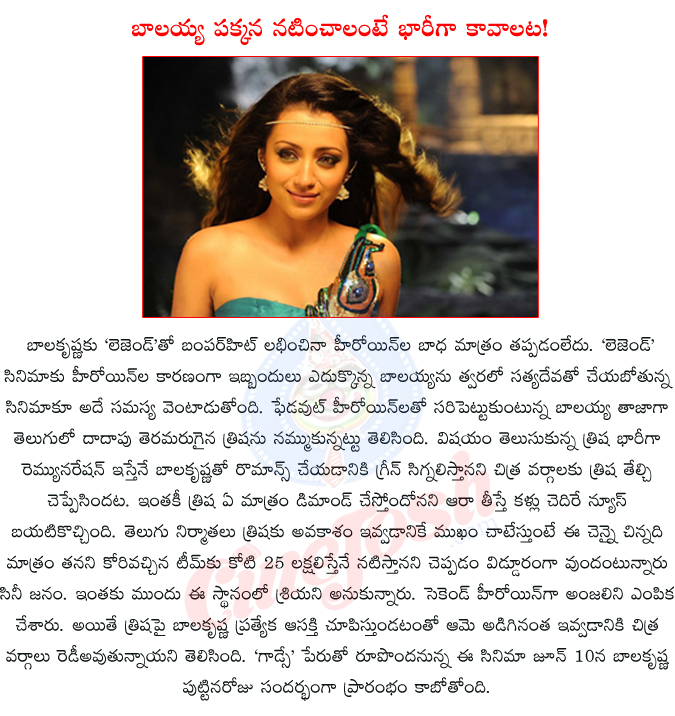 trisha,balakrishna,trisha romance to balakrishna,trisha balakrishna team up,satyadeva,satyadeva directing balakrishna,godse,legend,anjali,balakrishna birth day special,rudrapati ramanarao,  trisha, balakrishna, trisha romance to balakrishna, trisha balakrishna team up, satyadeva, satyadeva directing balakrishna, godse, legend, anjali, balakrishna birth day special, rudrapati ramanarao, 