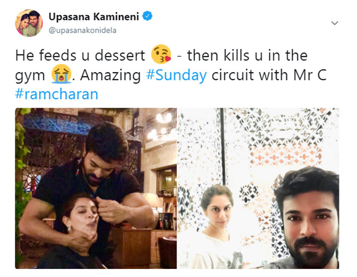 upasana,ram charan,zym,upasana sensational tweet,mega fans  చరణ్‌పై ఉపాసన షాకింగ్ కామెంట్స్..!